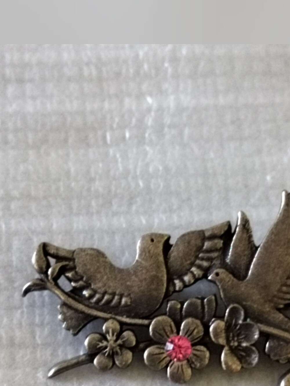 Vintage Boehm at Home Doves Brooch Antiqued Silver Tone Floral & Pink Rhinestone